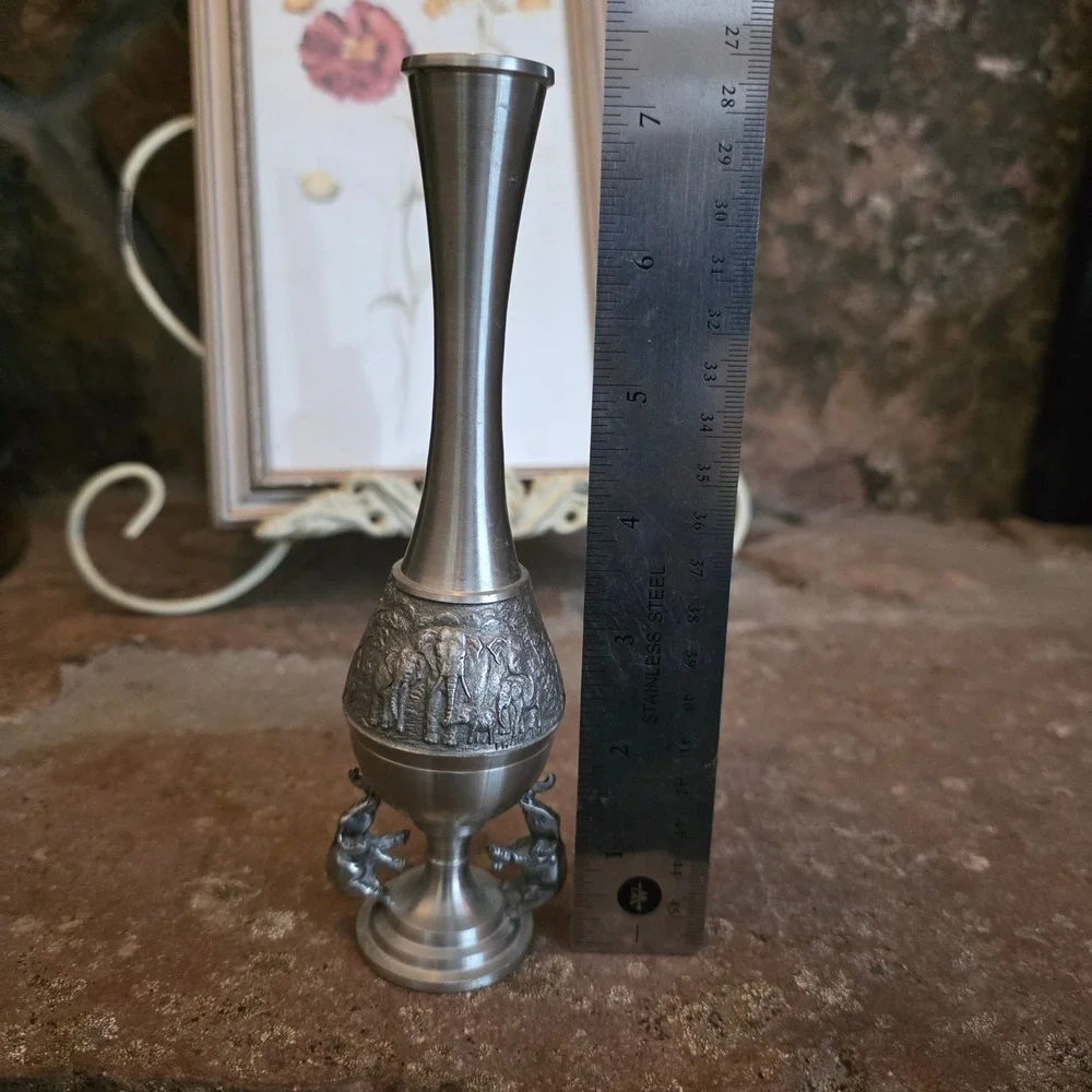 Vintage Pewter Silver Elephant Bud Vase Safari Scene Embossed Metal Decor 7 inch